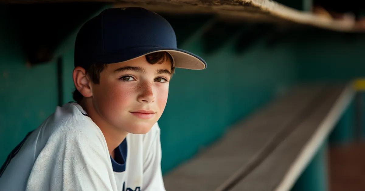 Youth baseball player sitting in the dugout