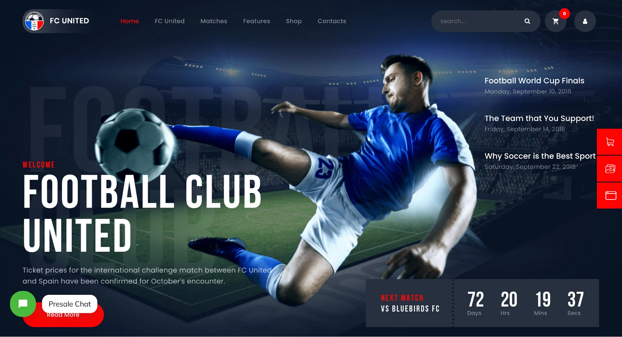 Football player kicking a ball in a stadium with FC United website layout.