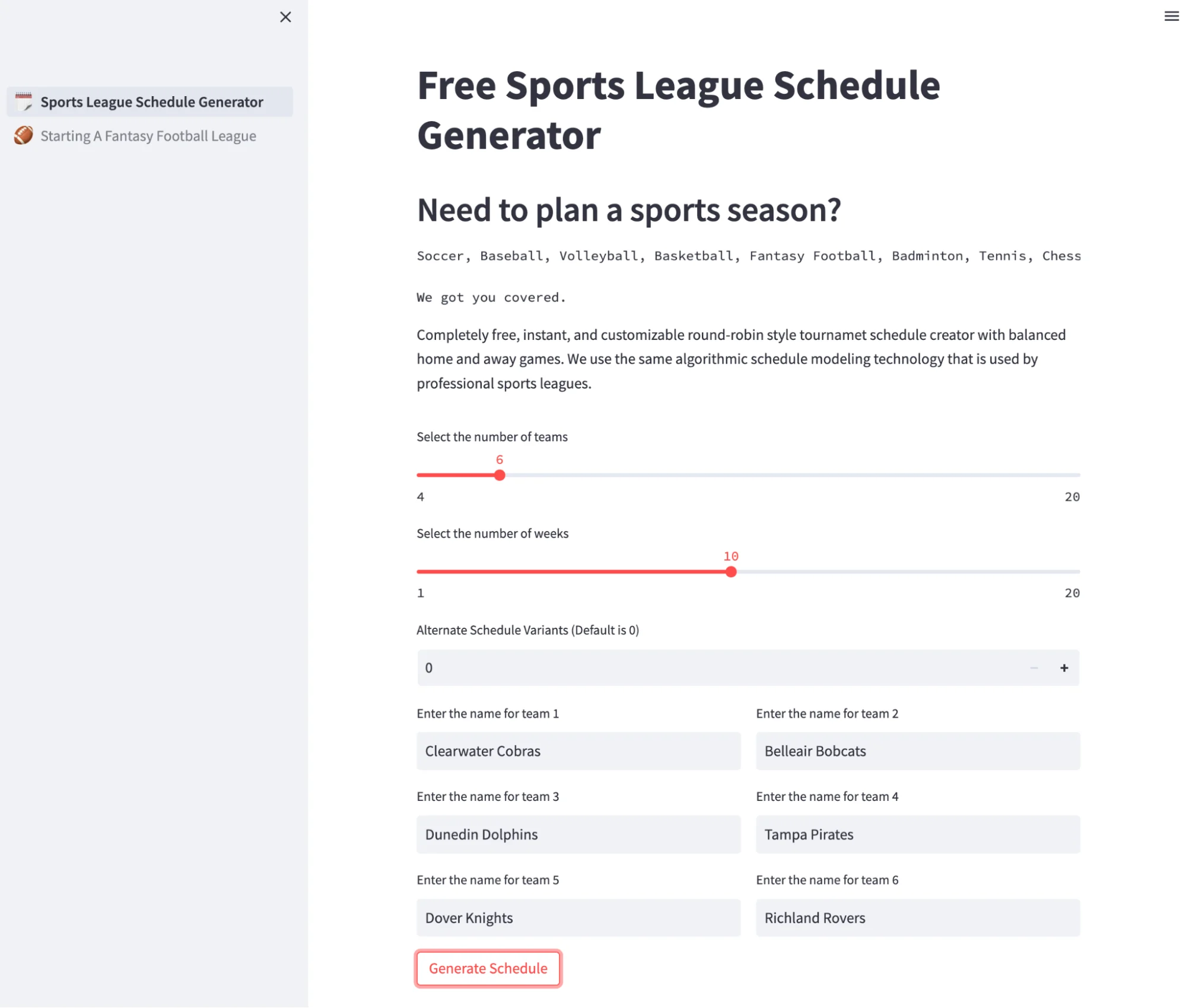 league square sports schedule generator