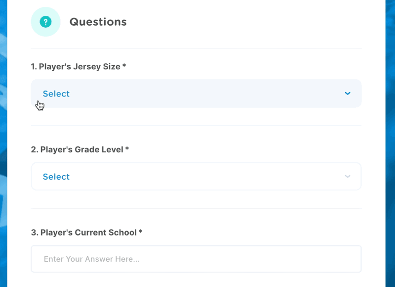 a youth sports online registration form with custom questions including jersey size