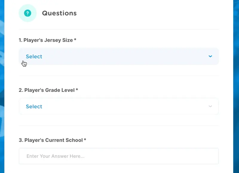 a youth sports online registration form with custom questions including jersey size