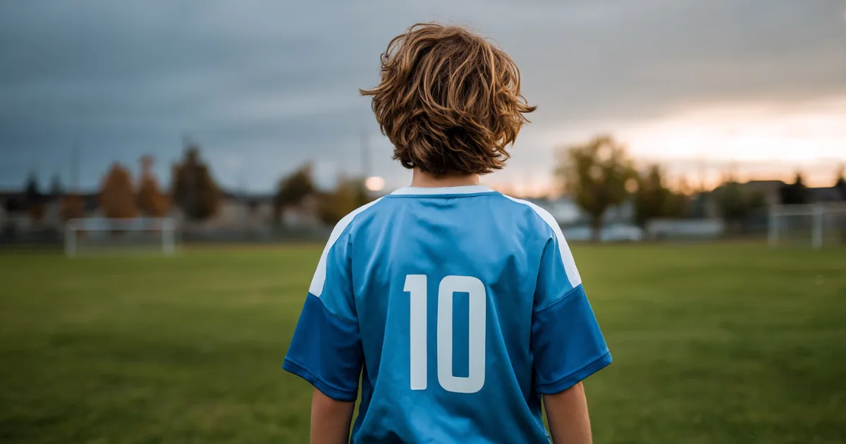 A youth soccer club player standing on the field before a game with his back turned away from the camera