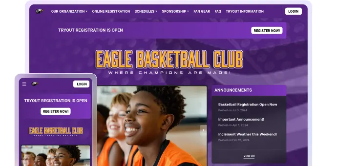 a basketball website builder for teams and leagues with online registration, scheduling, and webpage templates