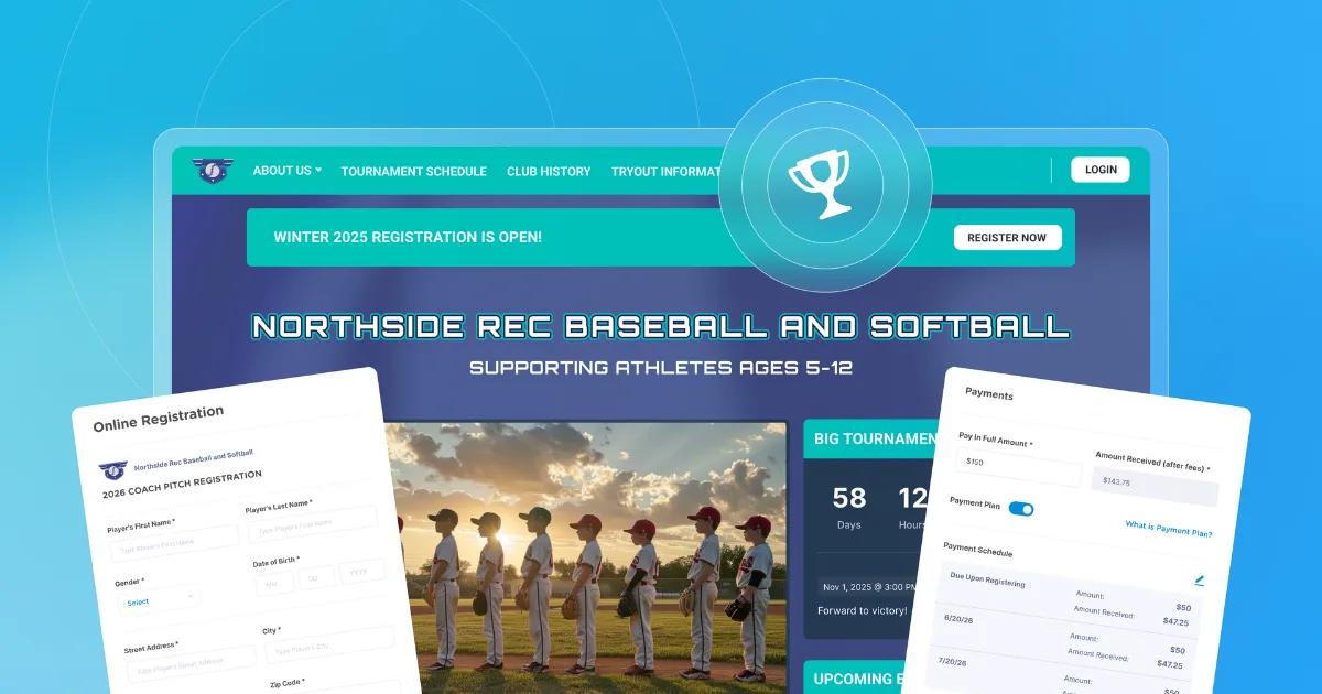 An illustration showing a youth sports website builder and online registration platform