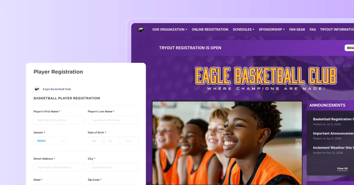 An illustration showing a youth sports club website and registration management software