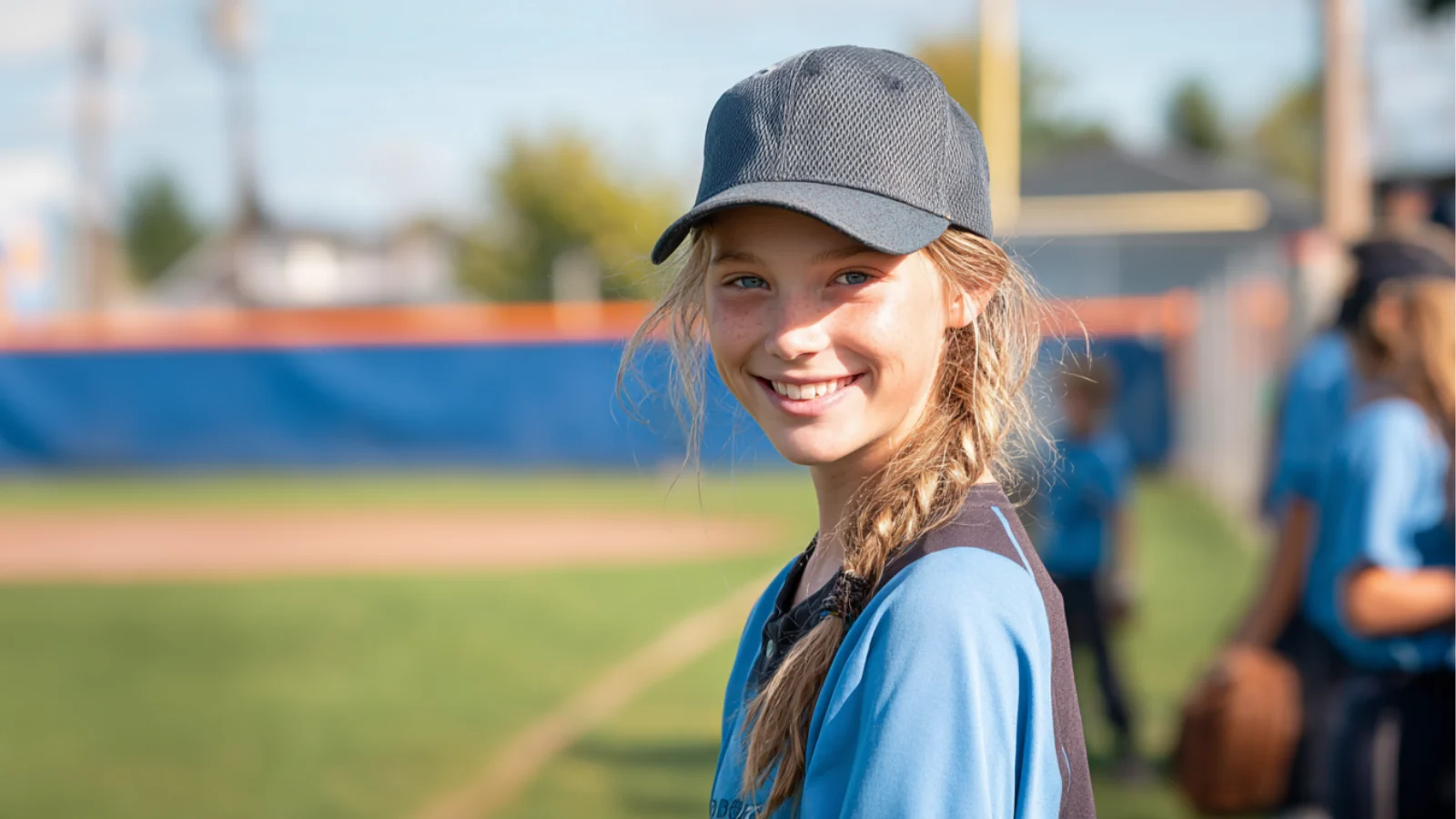 Youth softball player smiling at the camera during a game