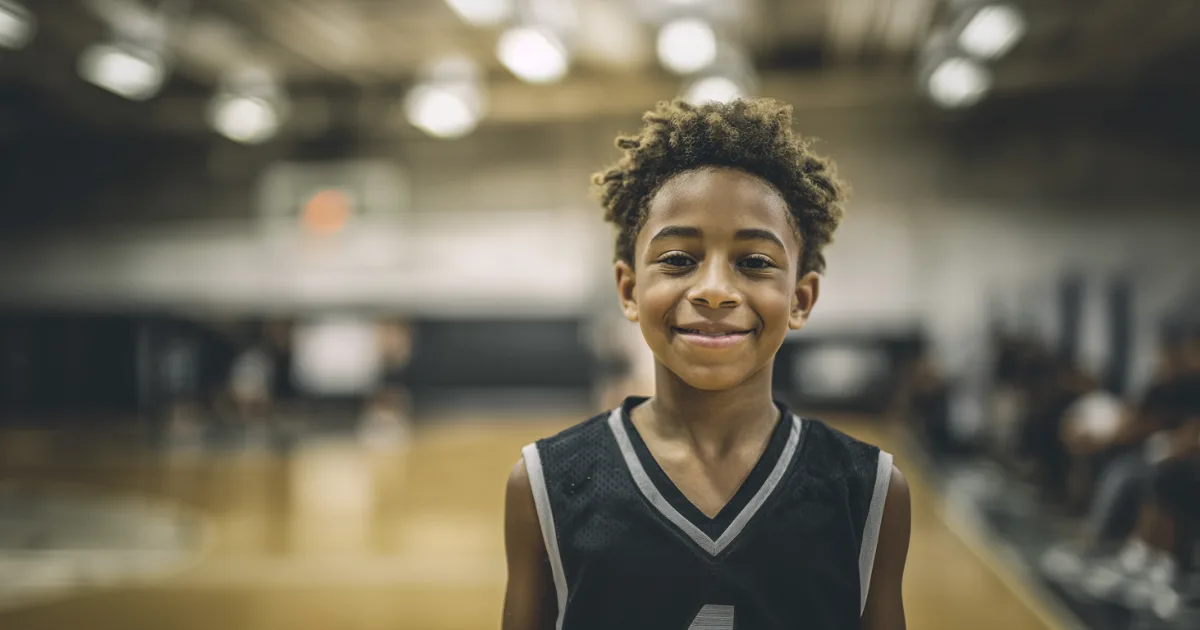 A youth basketball player standing on an indoor court smiling at the camera