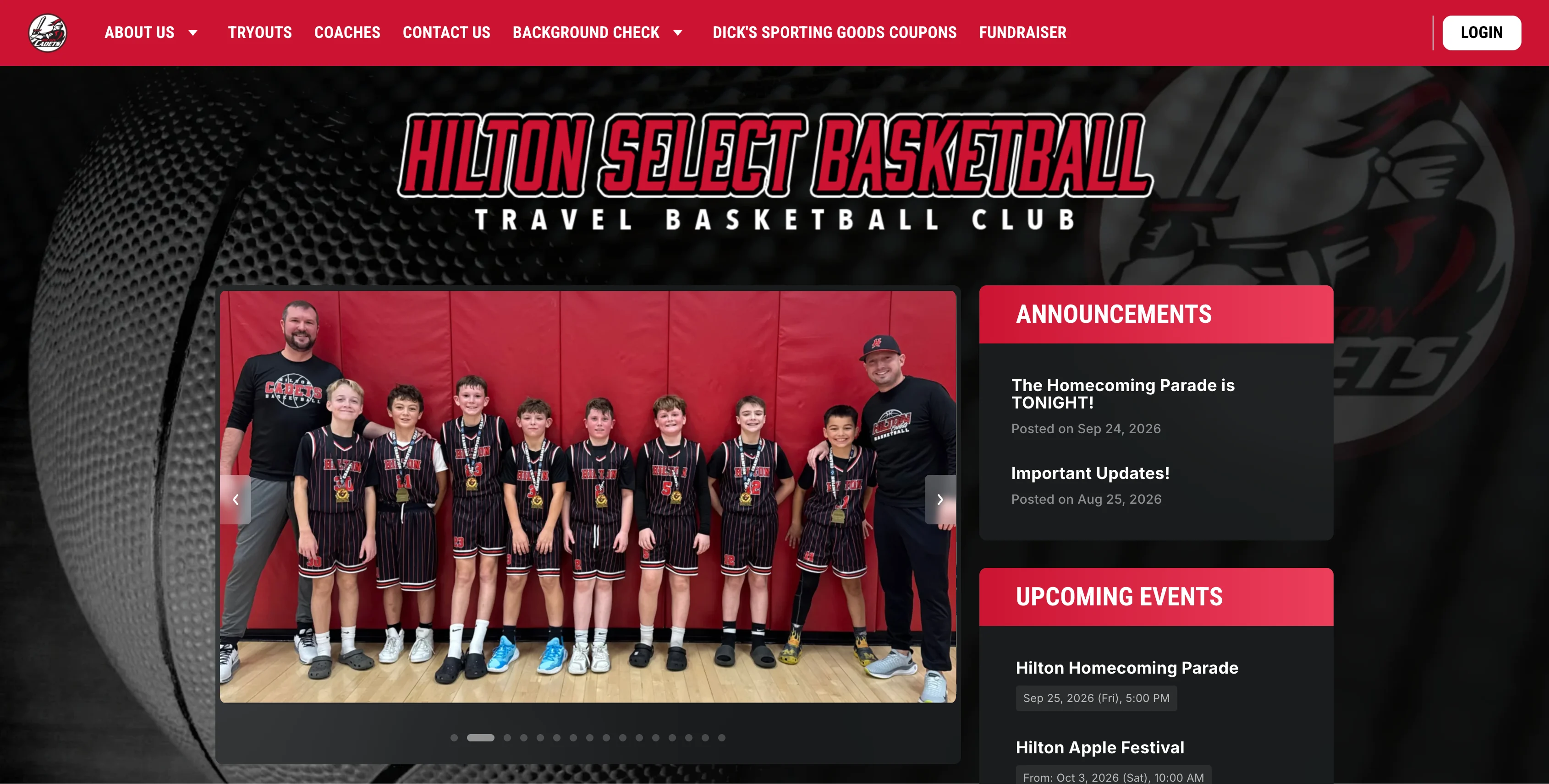 A screenshot of Hilton Select Basketball website homepage