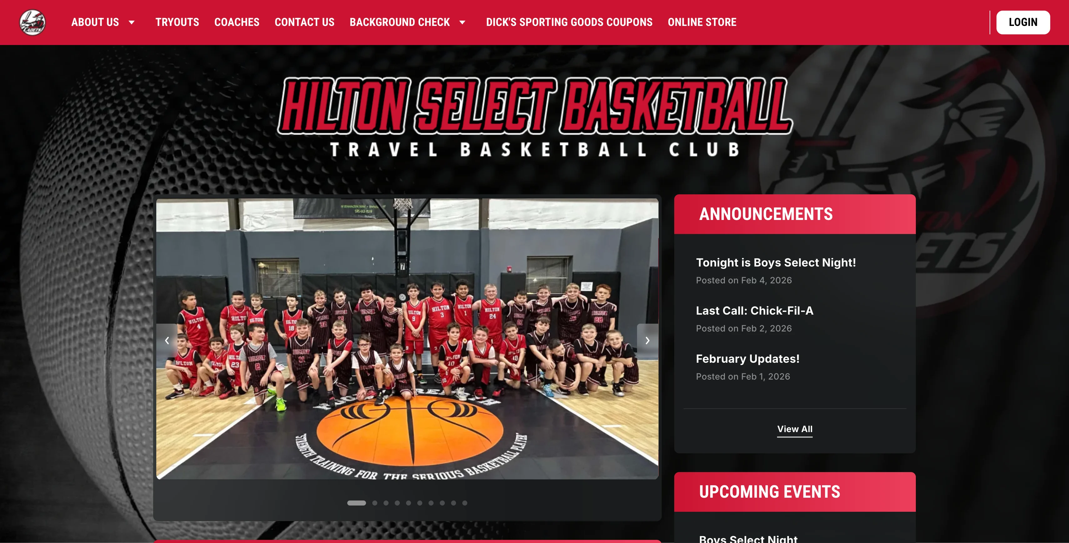 A screenshot of Hilton Select Basketball website homepage