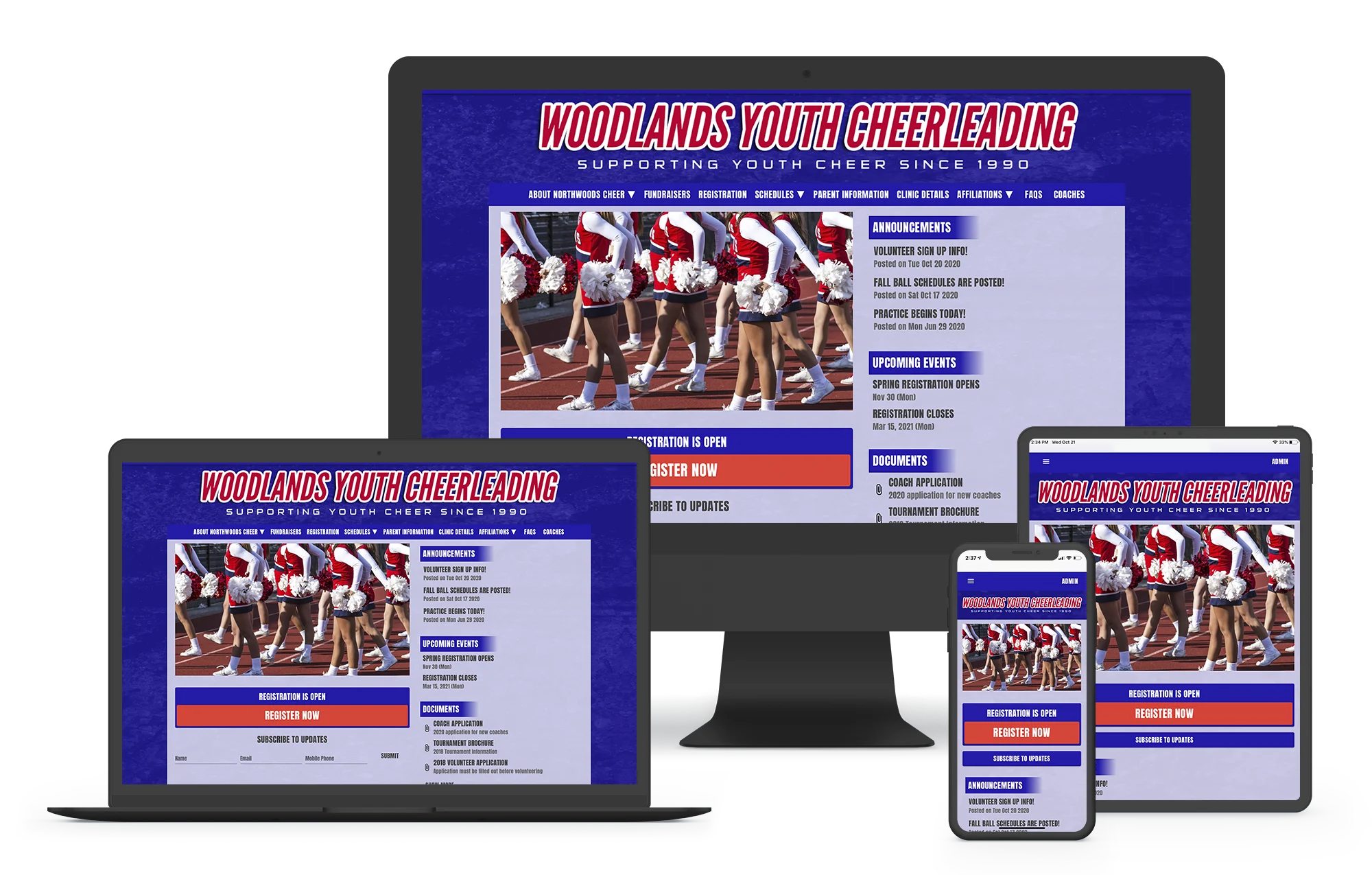 a website builder for cheerleading programs with online registration and schedules