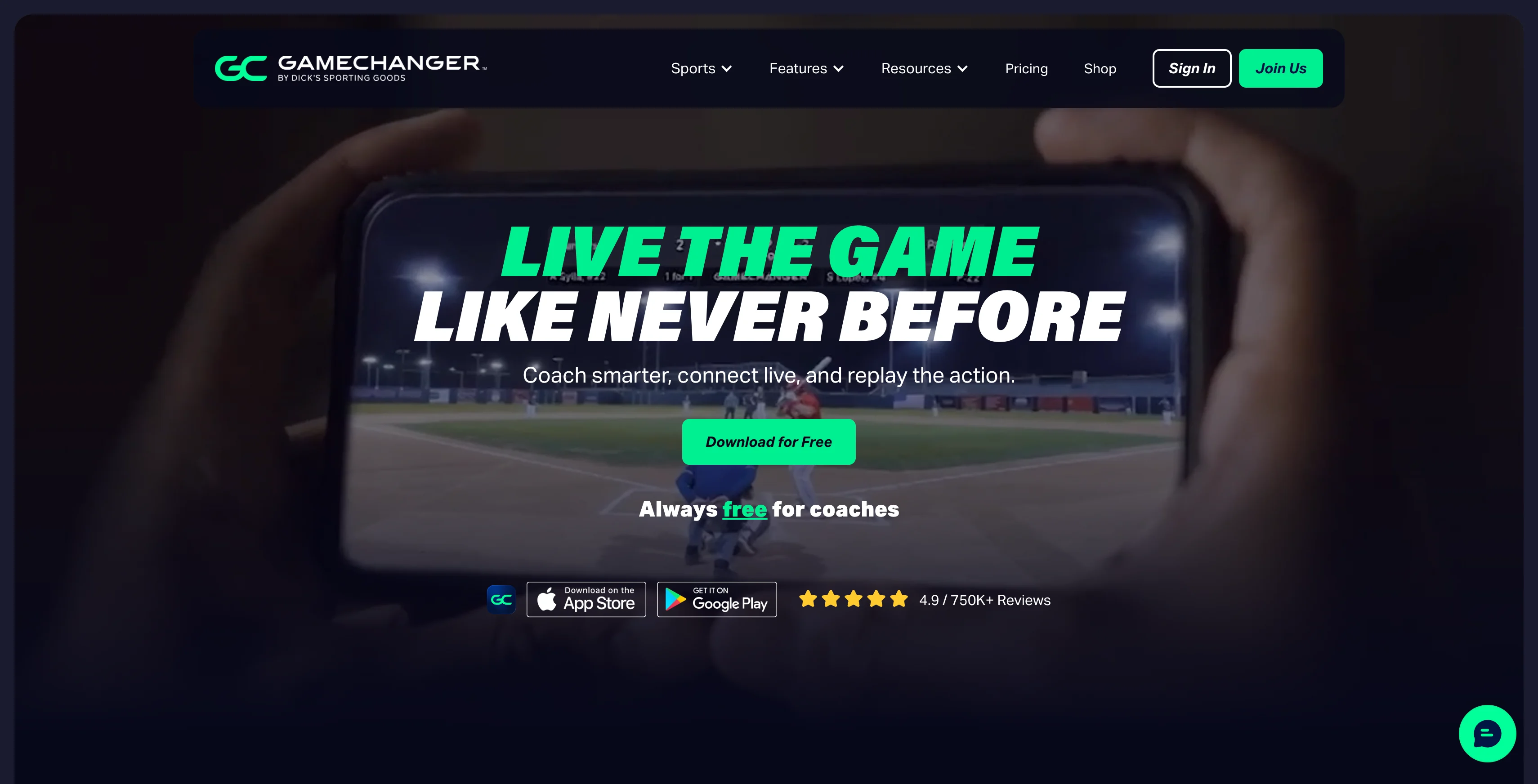 A screenshot of the GameChanger homepage