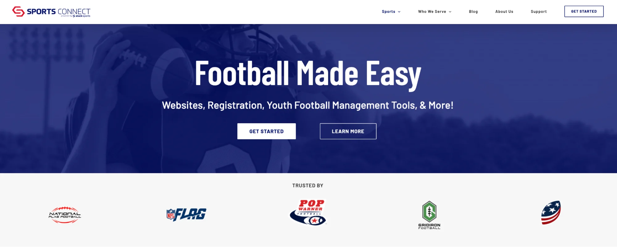 Sports Connect webpage offering football websites, registration, and management tools.