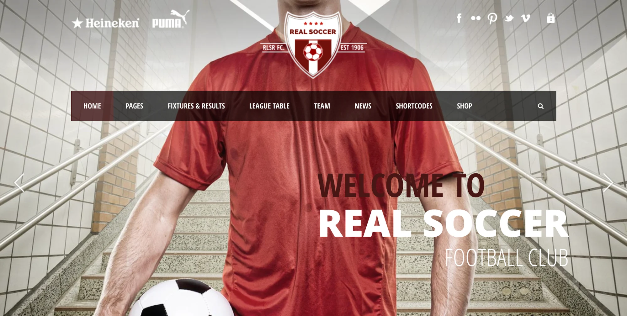 Player in a red jersey holding a soccer ball on Real Soccer Football Club website homepage