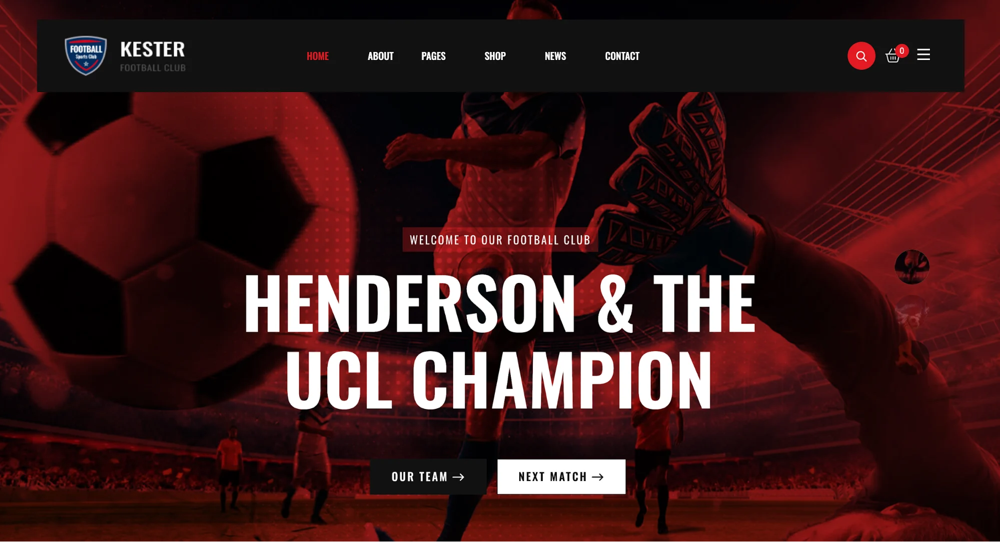 Henderson & UCL Champion banner on Kester Football Club website homepage.