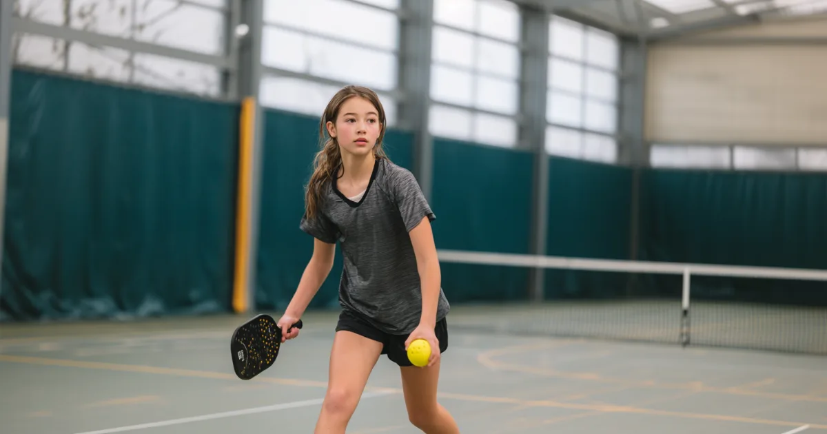 A youth pickleball player on the court getting ready to serve the ball