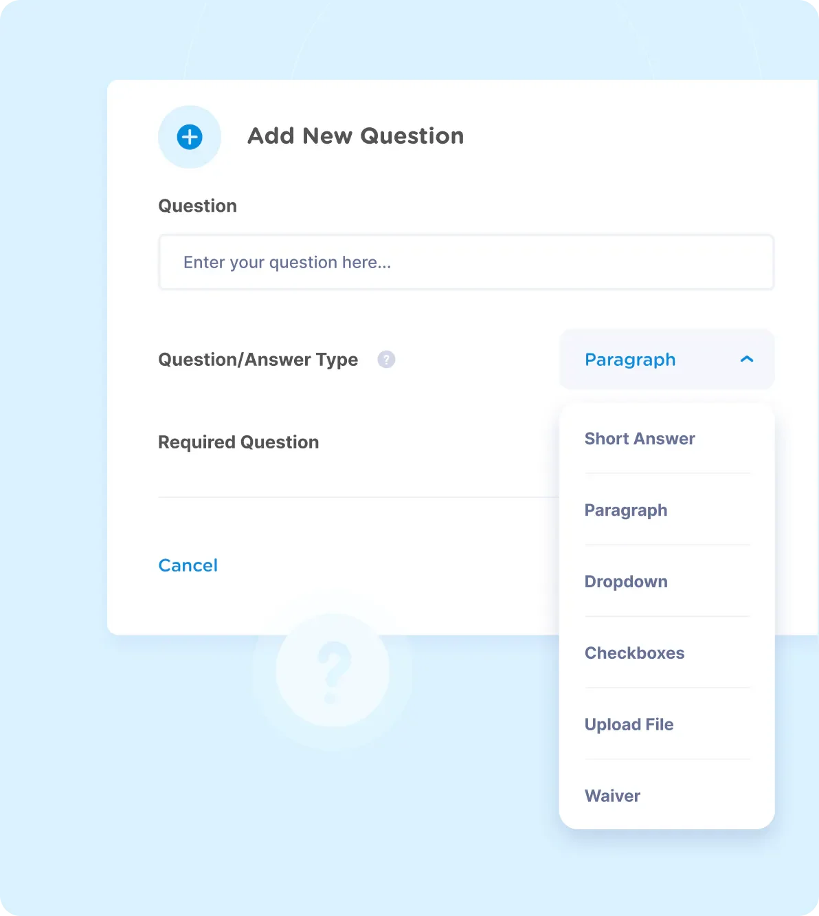 Interface for adding a new question with options for different answer types.