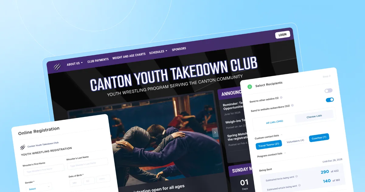 An illustration showing a youth wrestling management system with a website and registration