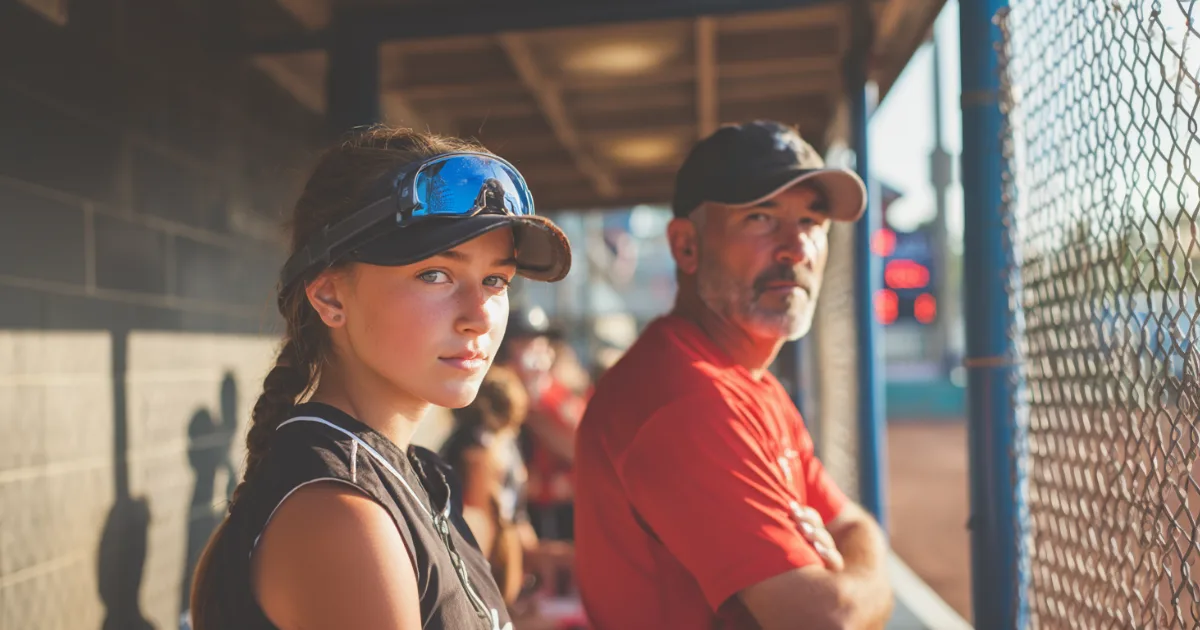 A youth softball player in the dugout with her coach