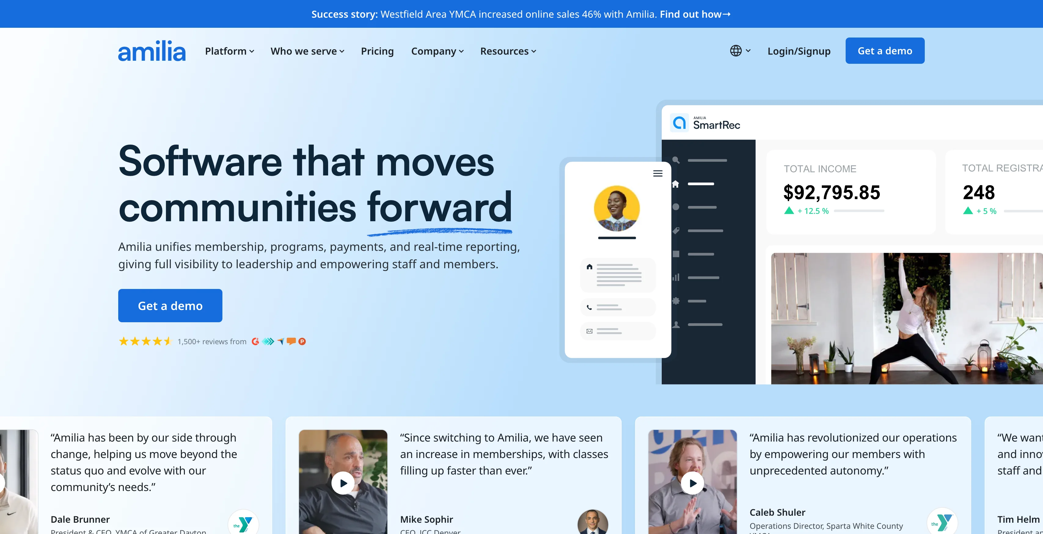 A screenshot of the Amilia homepage