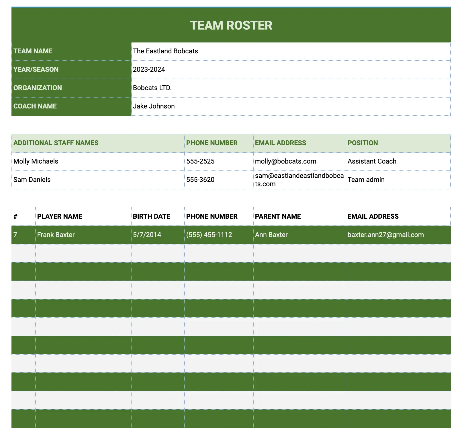 Example of an editable team roster template from Jersey Watch.