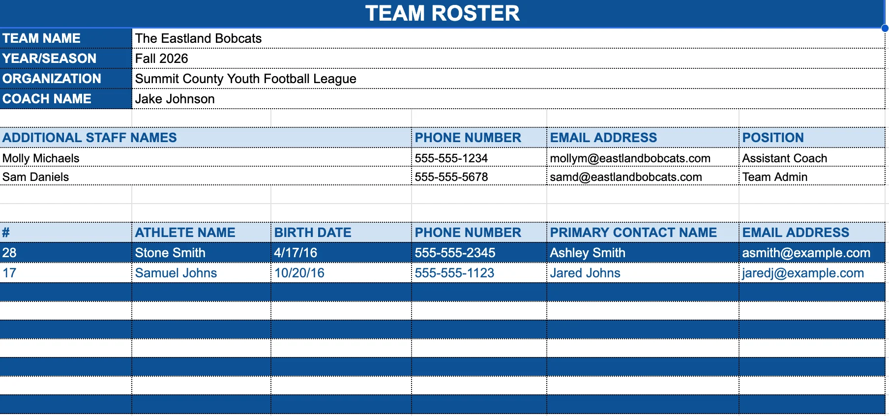 Example of an editable team roster template from Jersey Watch.