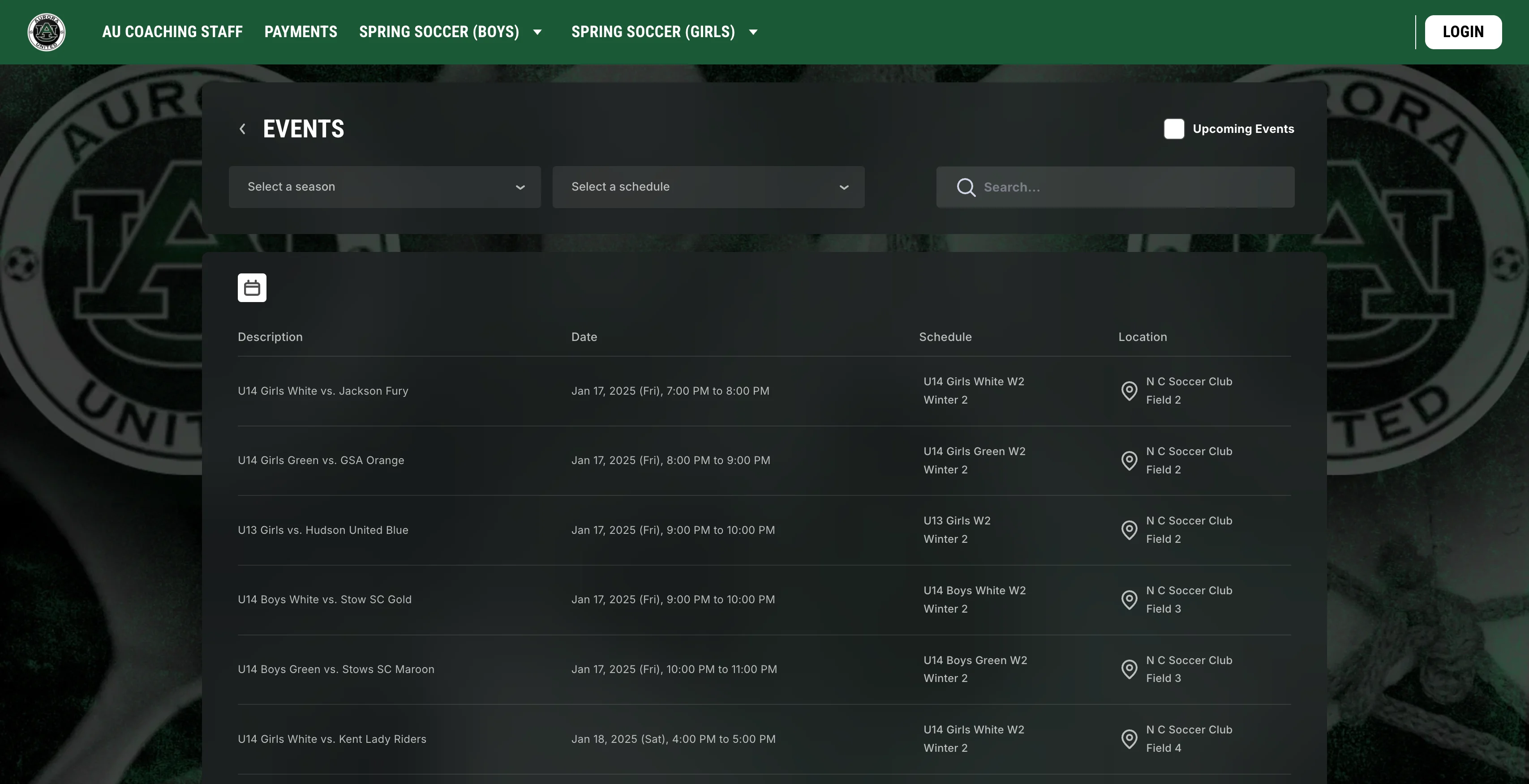 A screenshot of a youth soccer events calendar