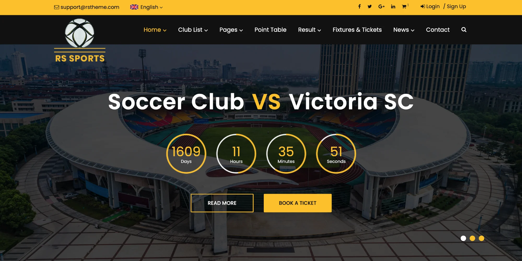 Soccer stadium with match countdown on RS Sports website homepage.