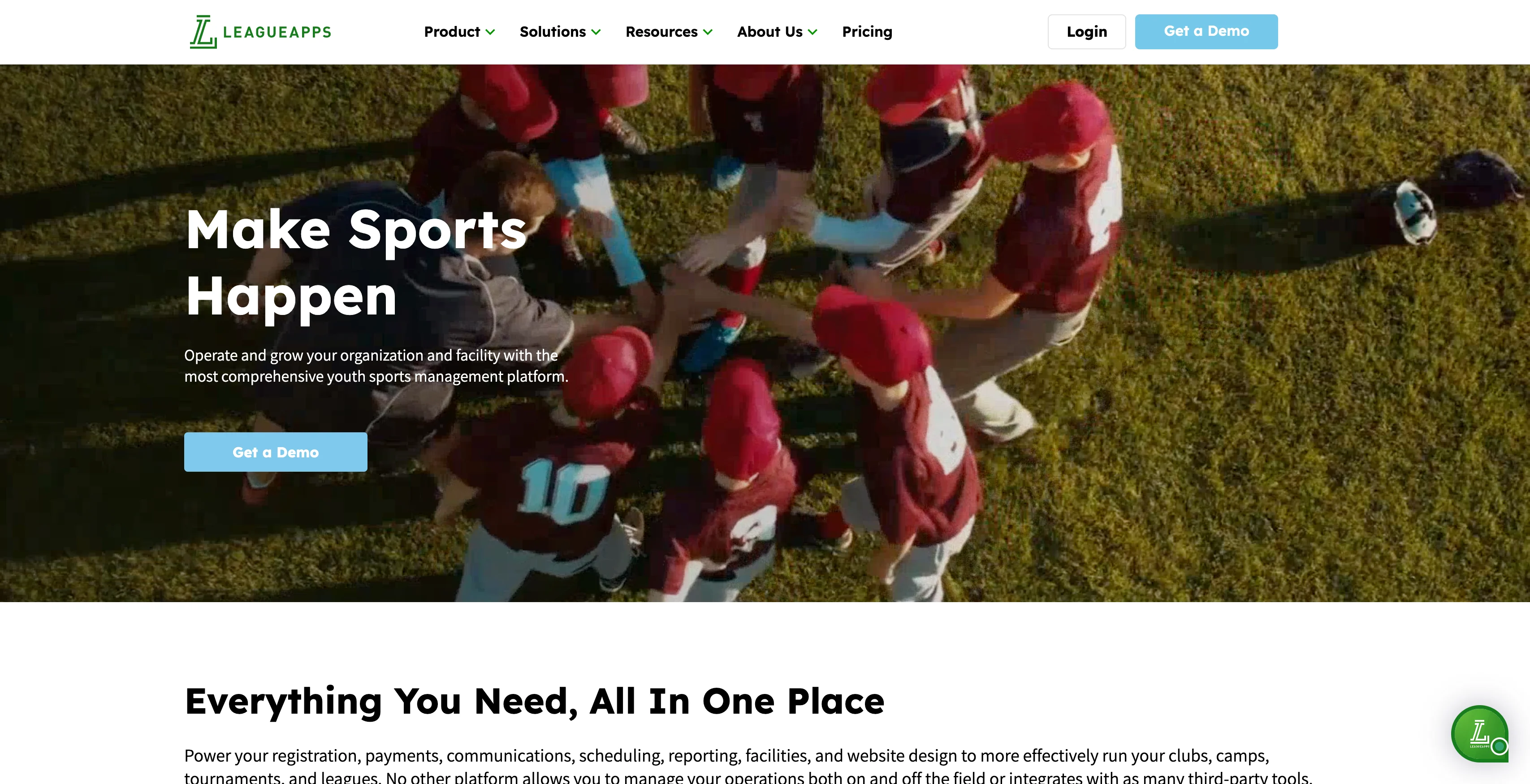 A screenshot of the LeagueApps homepage