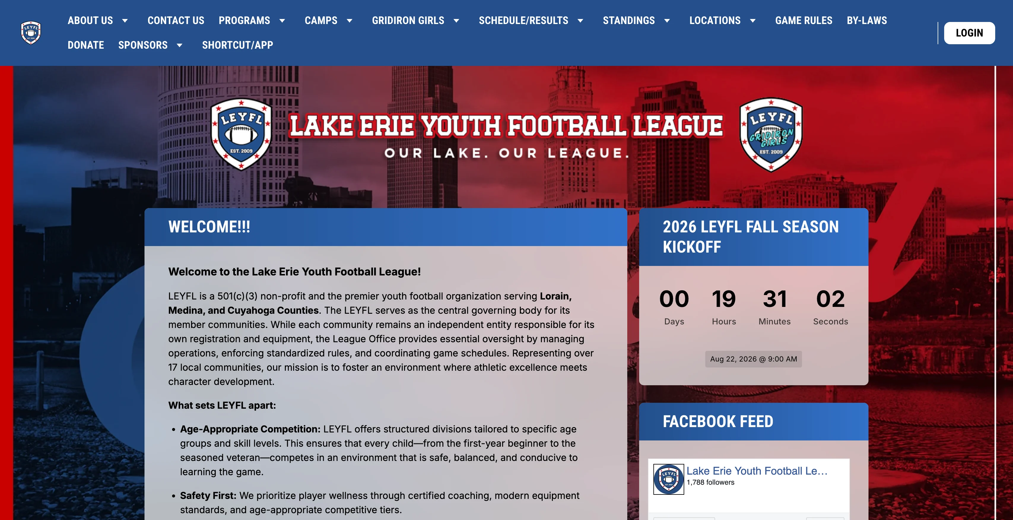 A screenshot of Lake Erie Youth Football League website homepage