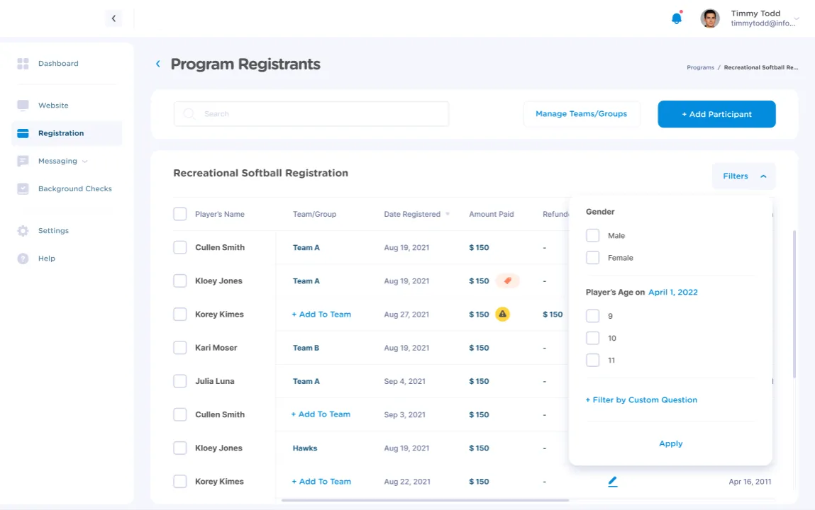 filtering registrants in a jersey watch account