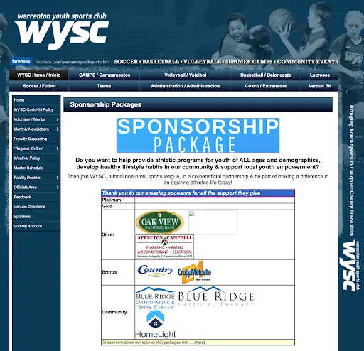 sponsorship page on the warrenton youth sports website