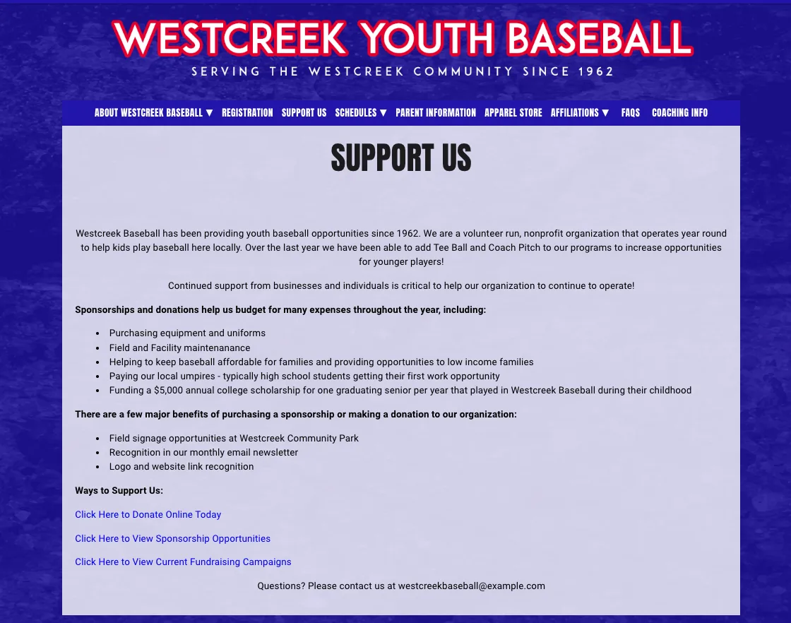 a baseball fundraising page on a website