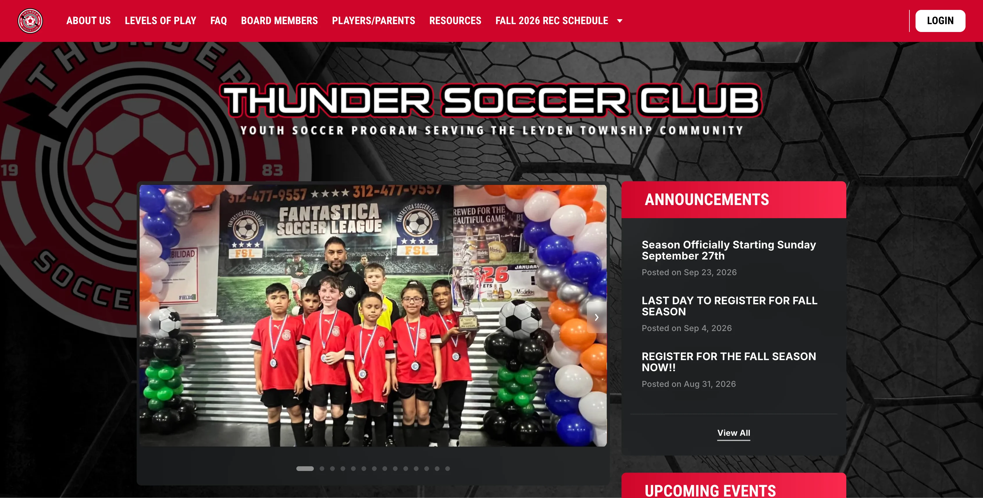 A screenshot of Thunder Soccer Club website