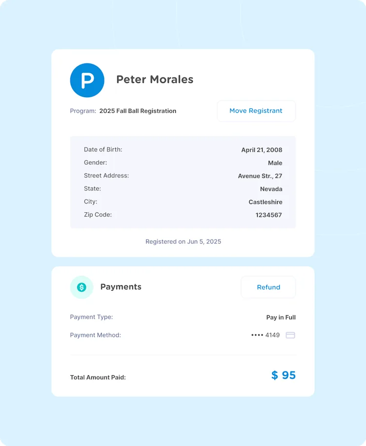 Register players and process payments
