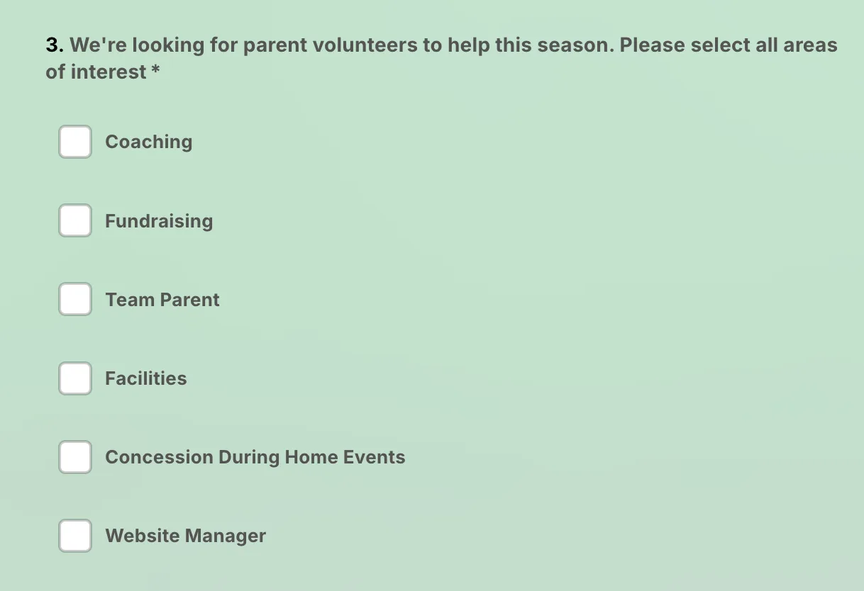 a youth wrestling registration form with a question to recruit club volunteers