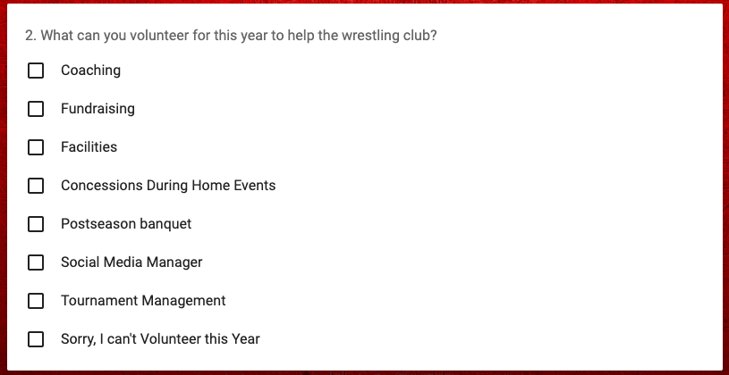 a youth wrestling registration form with a question to recruit club volunteers