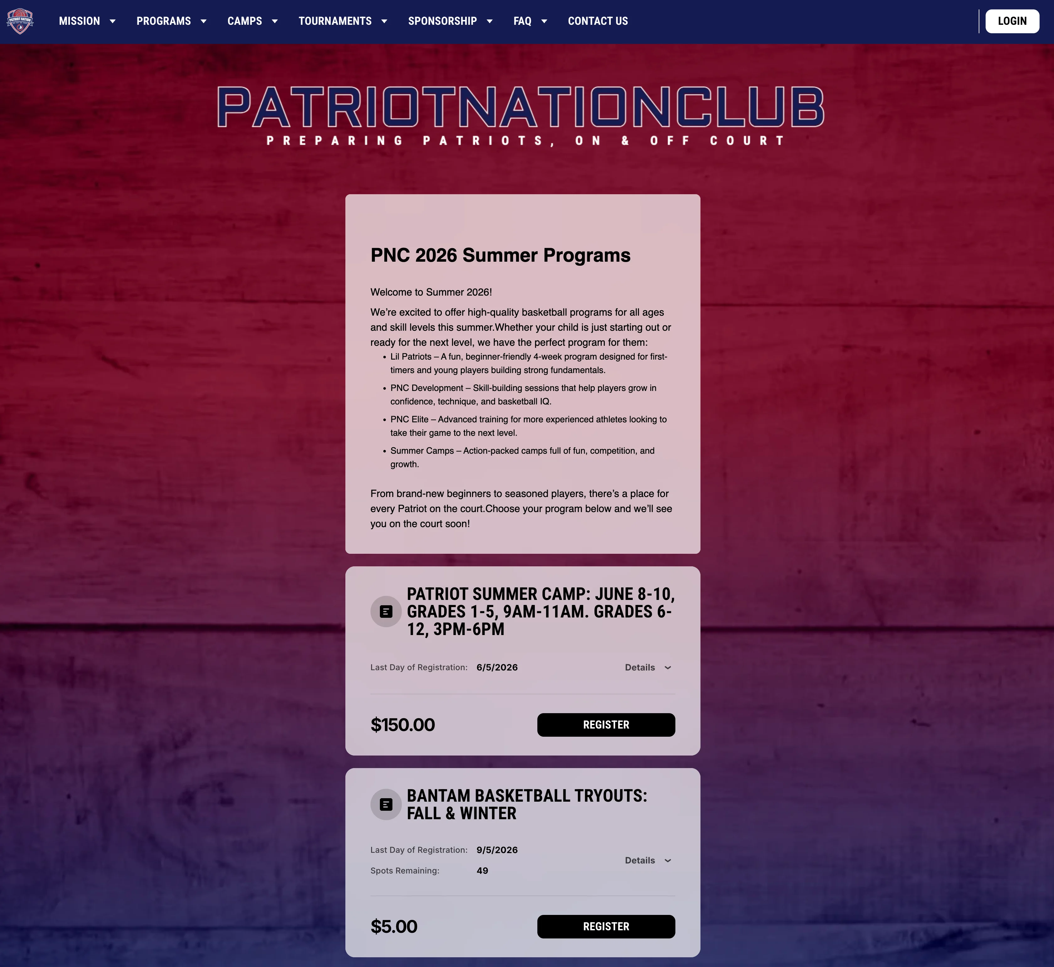 A screenshot of Patriot Nation Club registration page with active programs