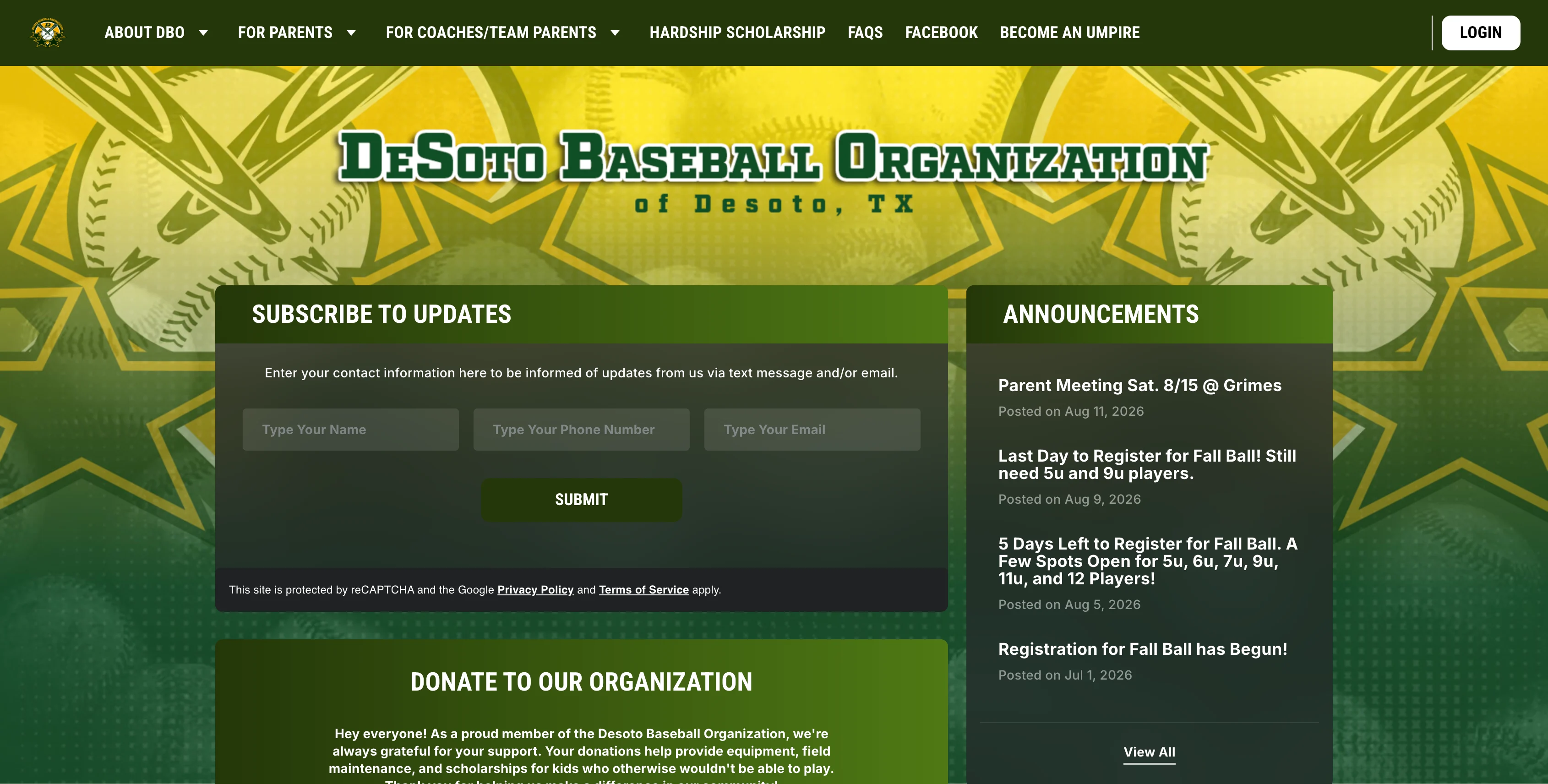 Screenshot of DeSoto Baseball Organization's homepage