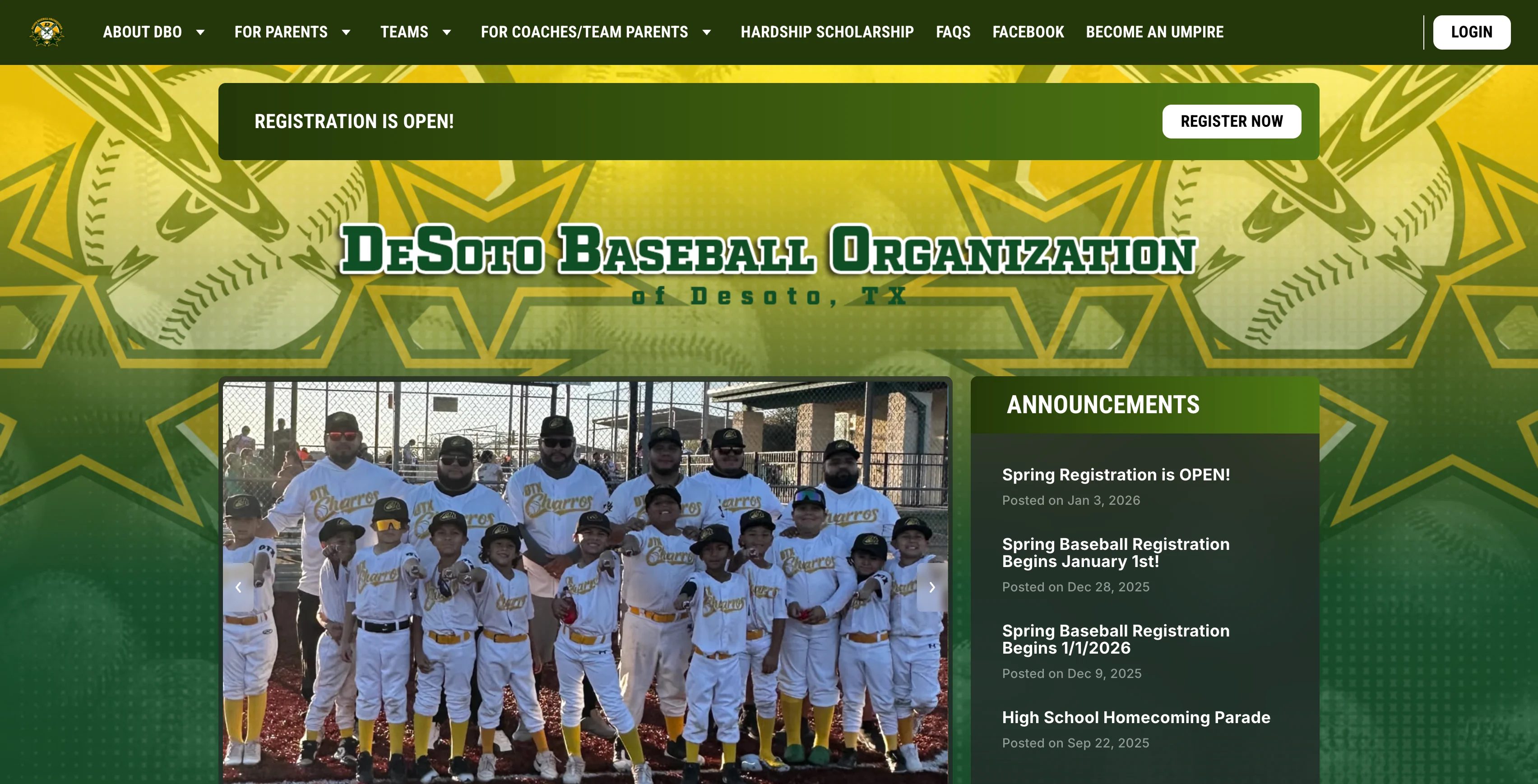 Screenshot of DeSoto Baseball Organization's homepage