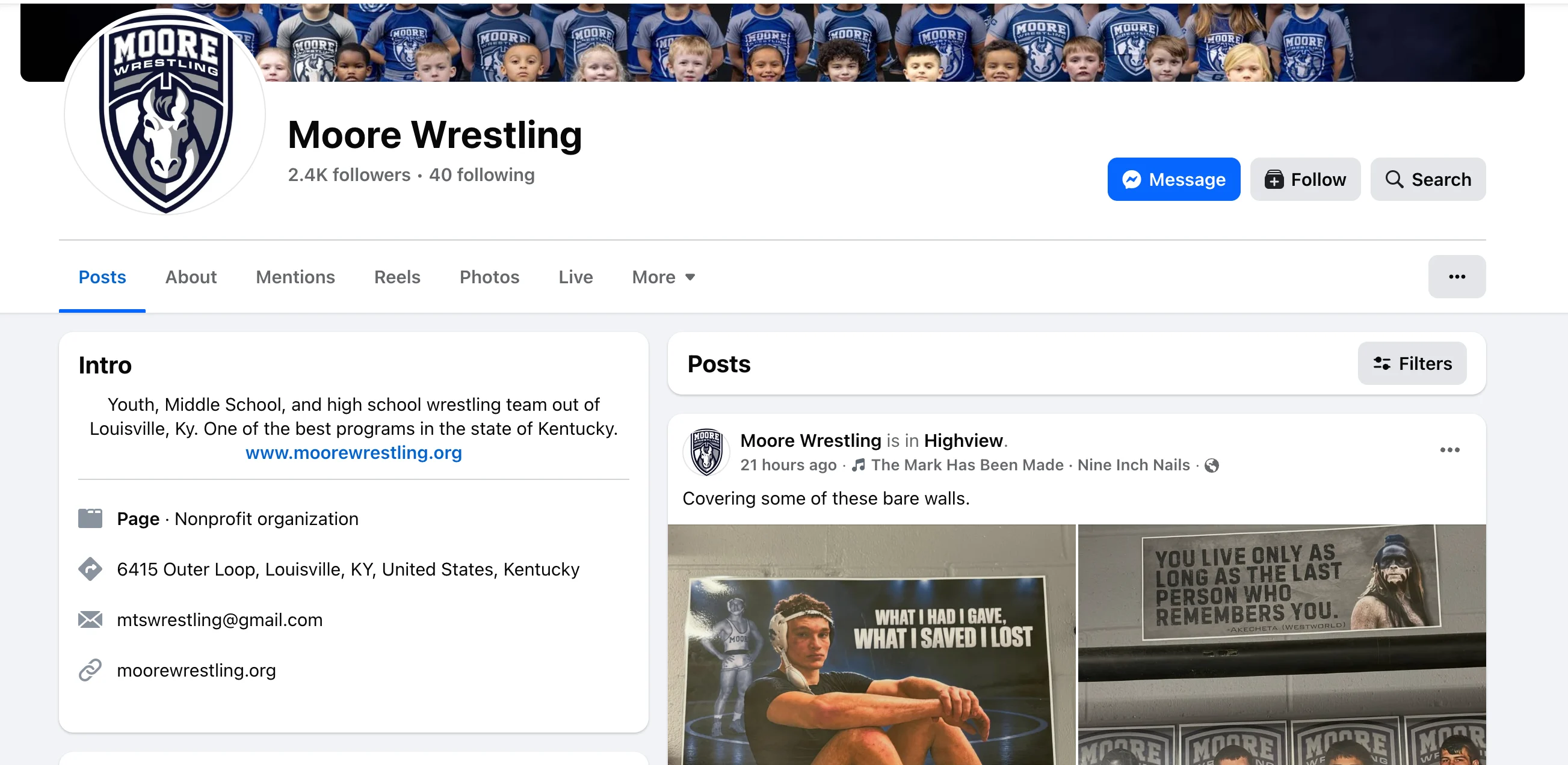 The Moore Wrestling Facebook page which shows a custom url and domain