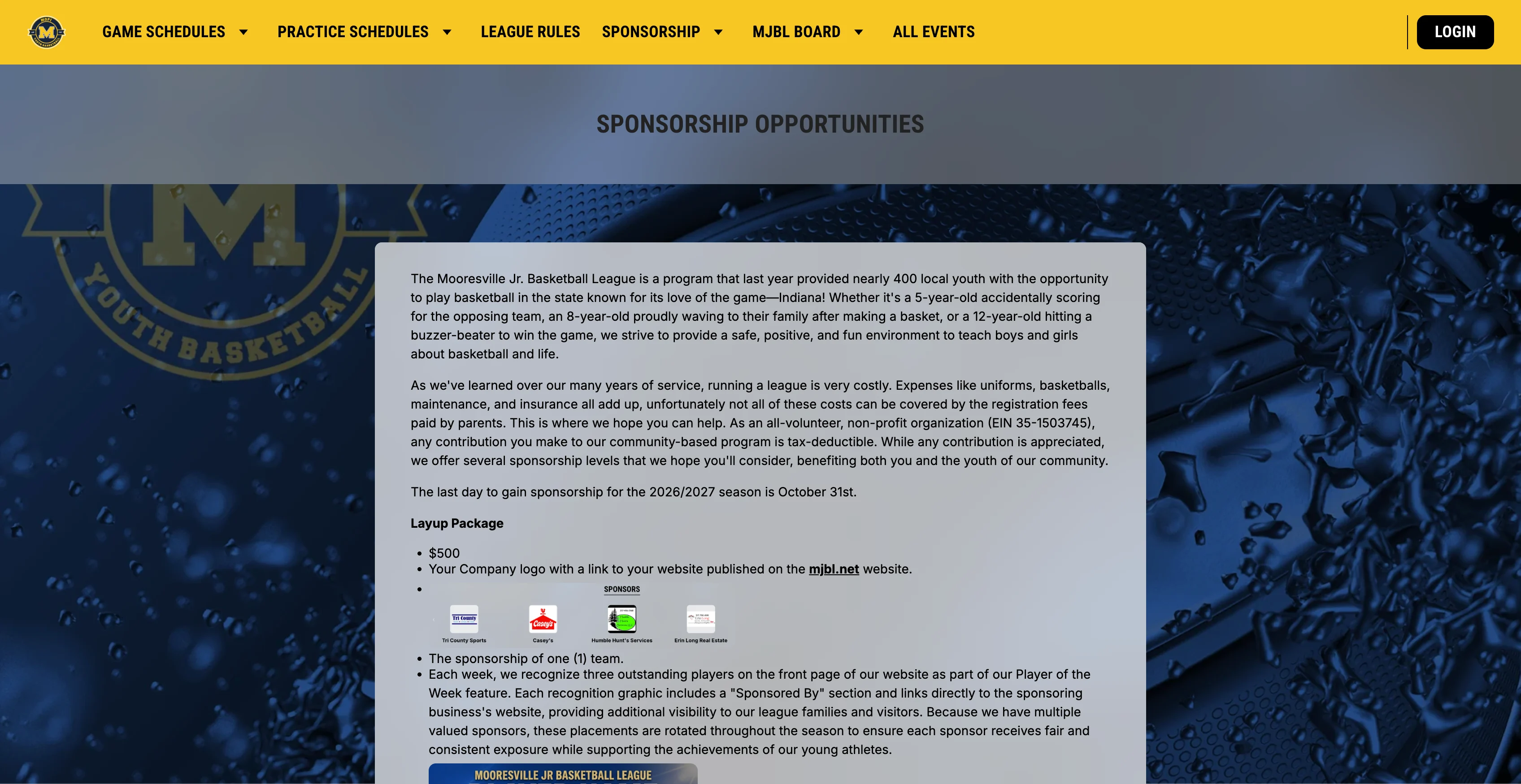 A screenshot of the sponsorship opportunities page for Mooresville Jr. Basketball League