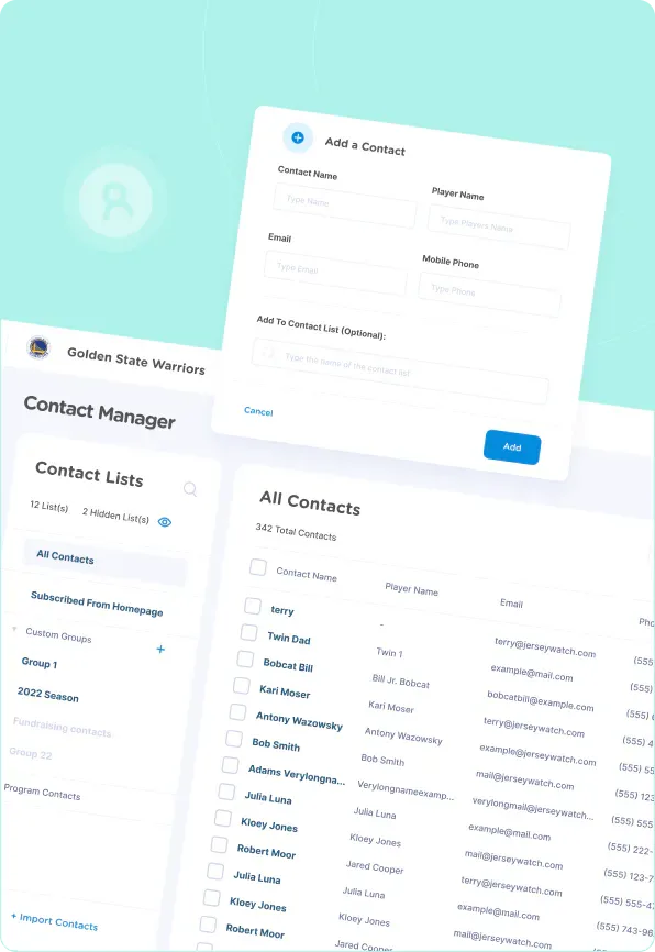 Contact management interface showing options to add and view contacts.