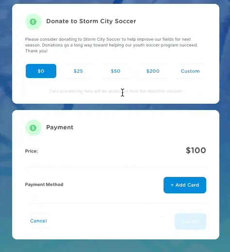 soccer donations in a registration form