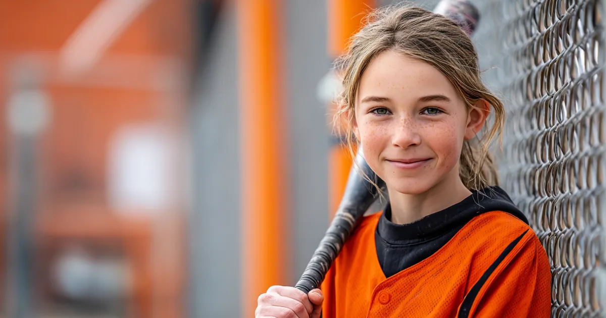 A youth softball player holding a bat in her hand while standing against a fence