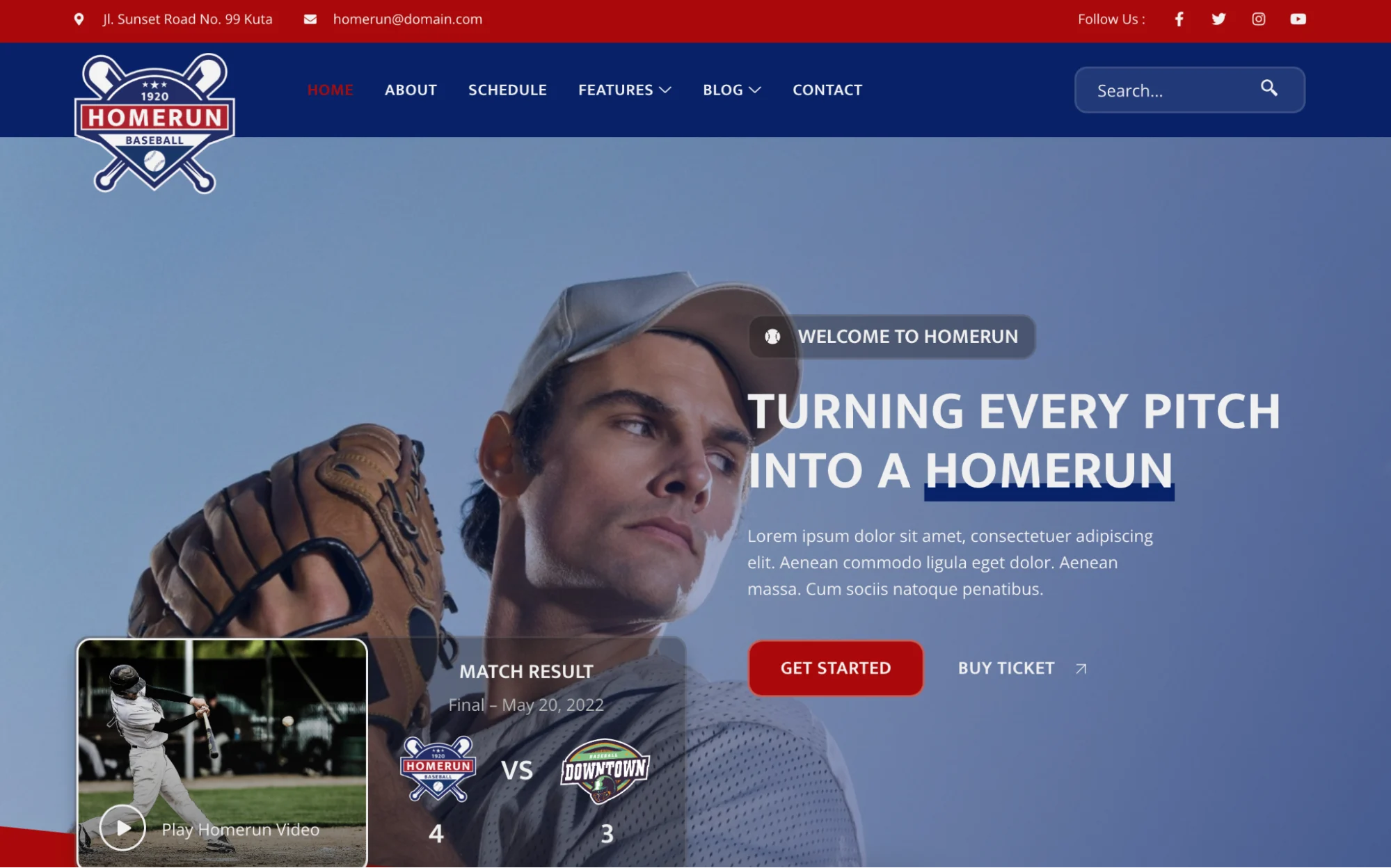 Baseball player preparing to pitch with match results and promotional buttons overlay.