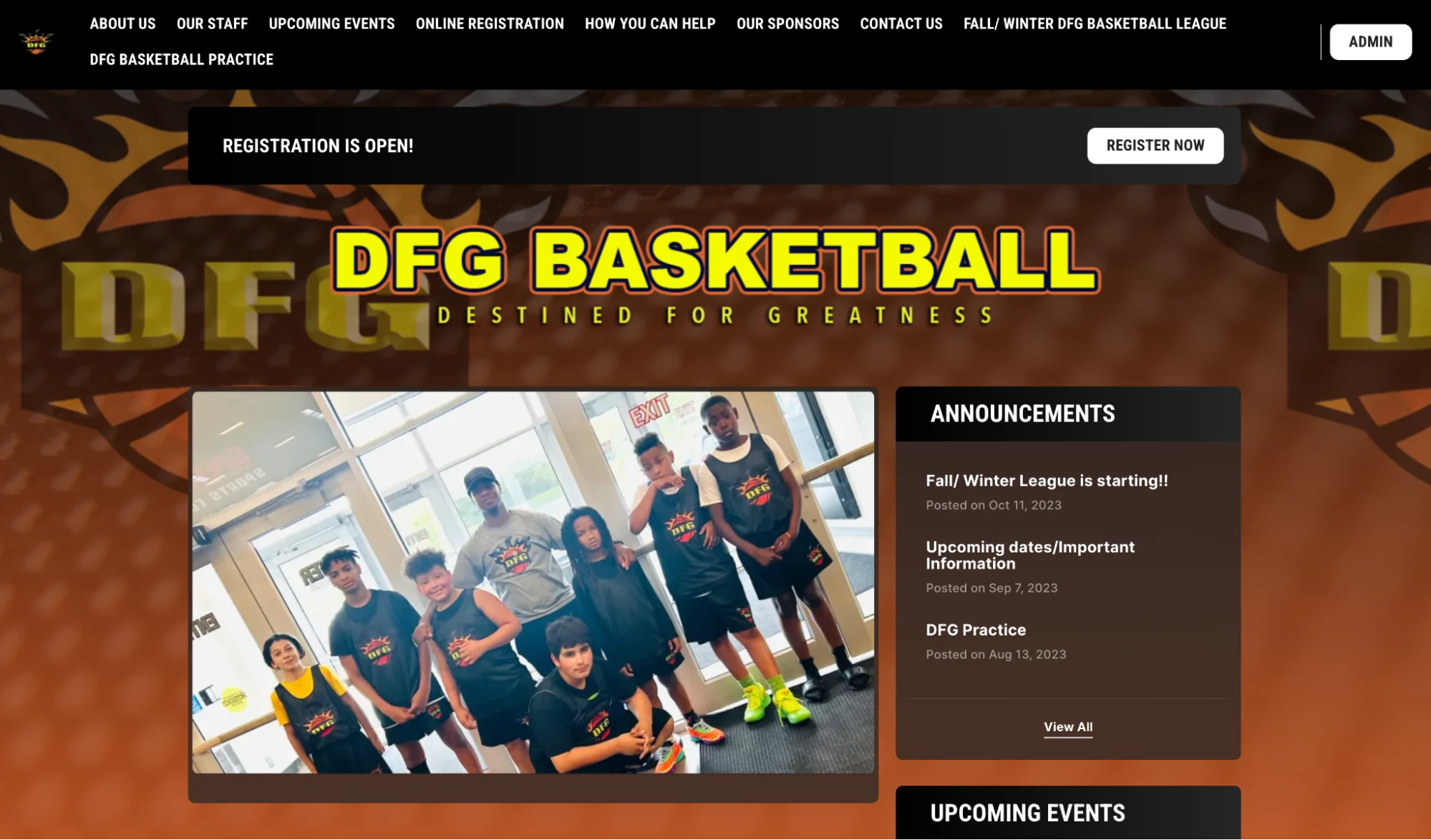 a website homepage for a youth basketball club