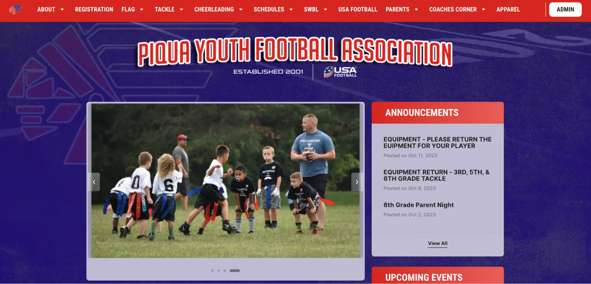 a youth football website homepage with flag, tackle, and cheerleading info