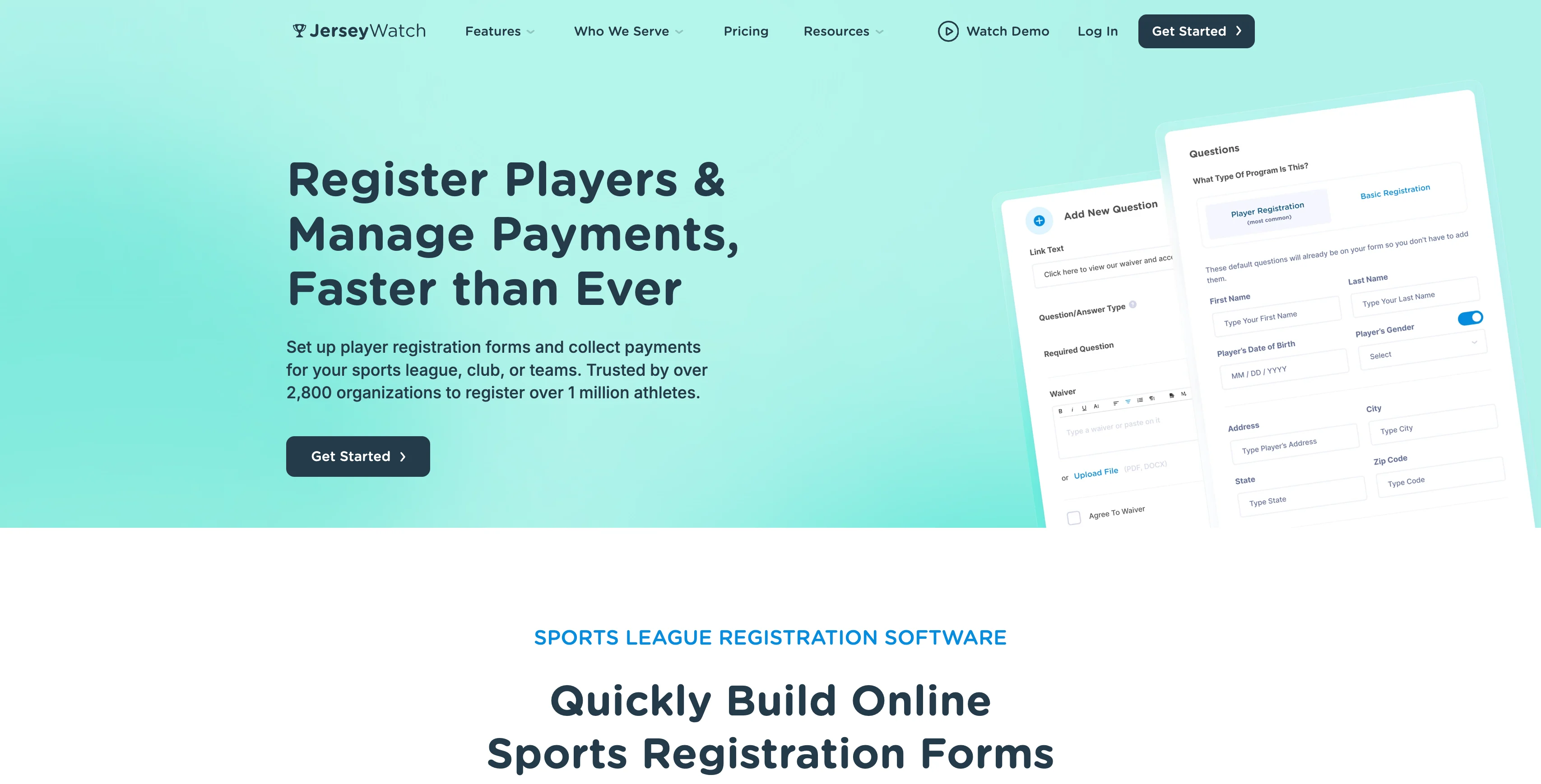 Landing page for Jersey Watch Sports Registration Software