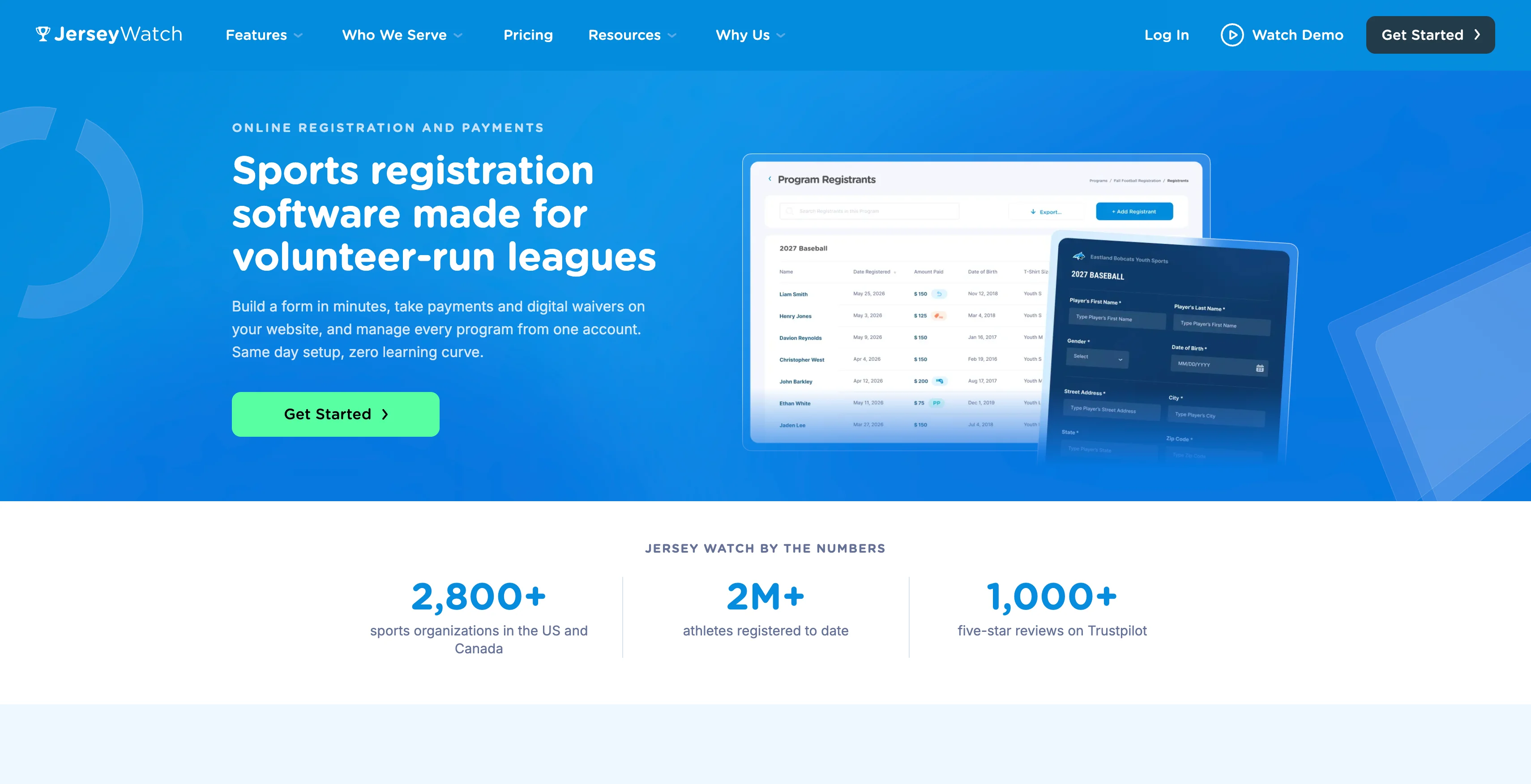 Landing page for Jersey Watch Sports Registration Software