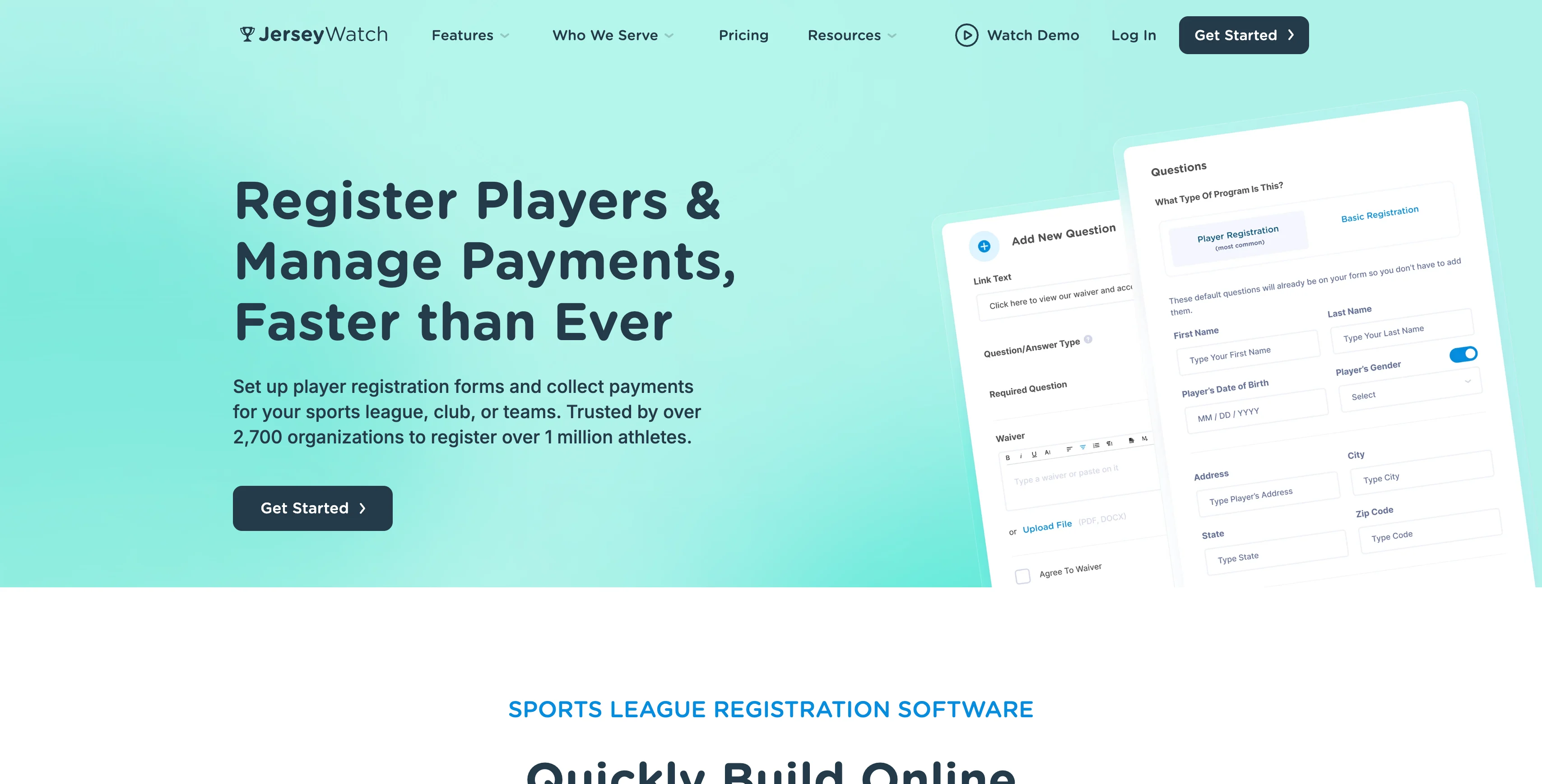 Landing page for Jersey Watch Sports Registration Software